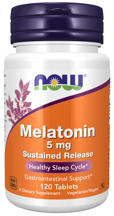 NOW Foods Melatonin 5 mg Sustained Release Tablets, 120 count, front of bottle