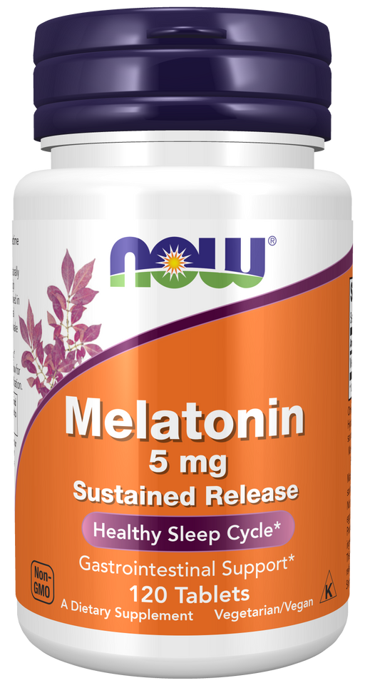 NOW Foods Melatonin 5 mg Sustained Release Tablets, 120 count, front of bottle
