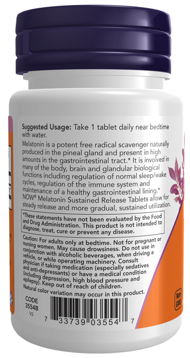 NOW Foods Melatonin 5 mg Sustained Release Tablets, left side label