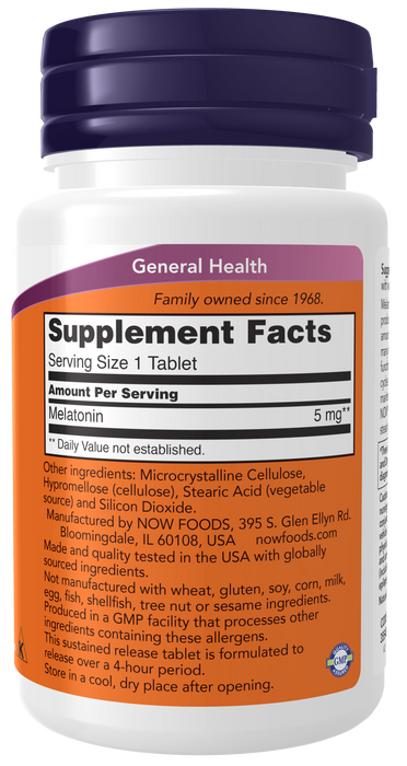 NOW Foods Melatonin 5 mg Sustained Release Tablets, right side label