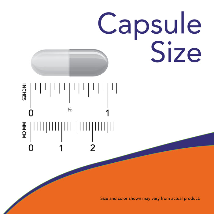 NOW Foods Glucosamine & Chondroitin with MSM capsule size comparison graphic with measurement scale