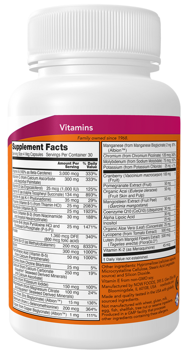 NOW Foods Eve Women's Multiple Vitamin, 120 veg capsules, right side of bottle label