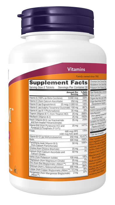 NOW Foods ADAM Men's Multiple Vitamin, 60 Tablets, right side panel