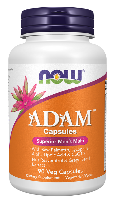NOW Foods ADAM Men's Multiple Vitamin, 90 Veg Capsules, front of bottle