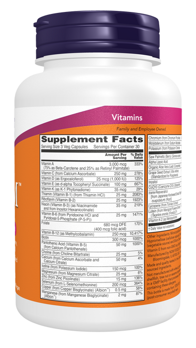 NOW Foods ADAM Men's Multiple Vitamin, 90 Veg Capsules, right side panel