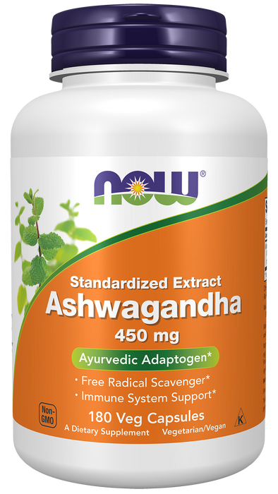 NOW Foods Ashwagandha Extract 450 mg, 180 Veg Capsules, front of bottle