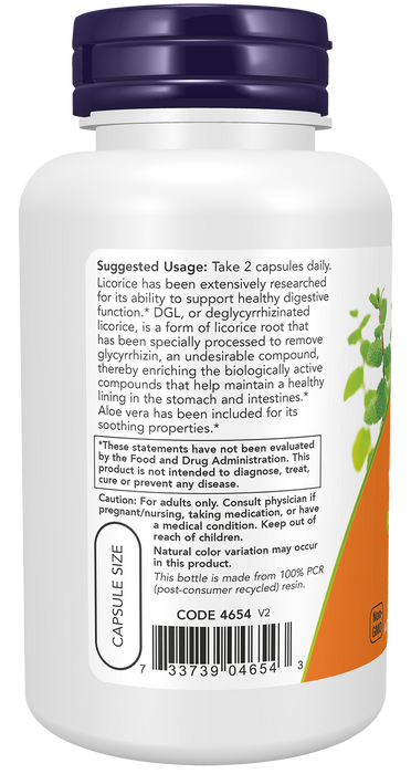 NOW Foods DGL with Aloe Vera, 100 veg capsules, left side of bottle label