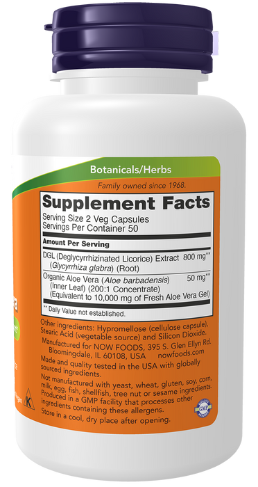 NOW Foods DGL with Aloe Vera, 100 veg capsules, right side of bottle label