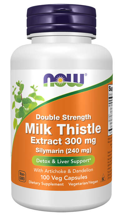 NOW Foods Milk Thistle Extract Double Strength 300 mg Veg Capsules, 100 count, front of bottle