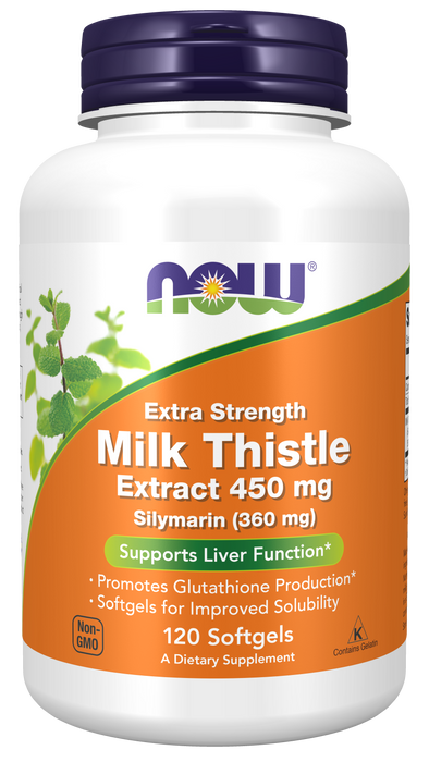 NOW Foods Silymarin Milk Thistle Extract Extra Strength 450 mg Softgels, 120 count, front of bottle