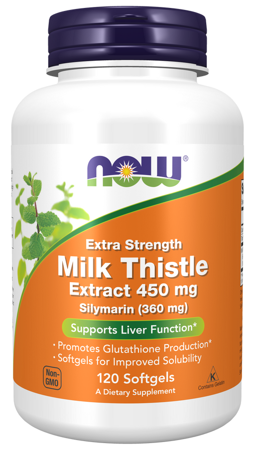 NOW Foods Silymarin Milk Thistle Extract Extra Strength 450 mg Softgels, 120 count, front of bottle