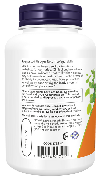 NOW Foods Silymarin Milk Thistle Extract Extra Strength 450 mg Softgels, left side label