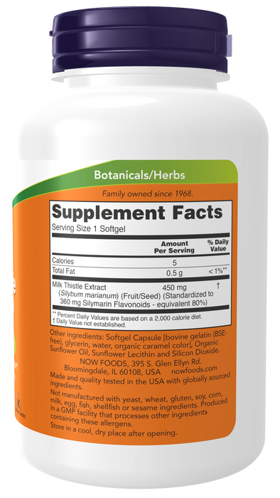 NOW Foods Silymarin Milk Thistle Extract Extra Strength 450 mg Softgels, right side label