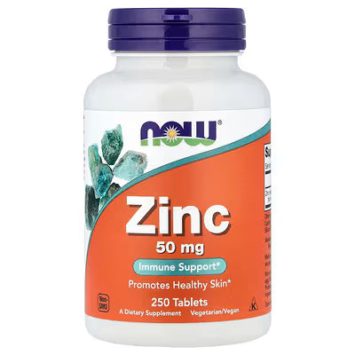 NOW Foods Zinc 50 mg tablet size comparison graphic showing tablet measurement scale