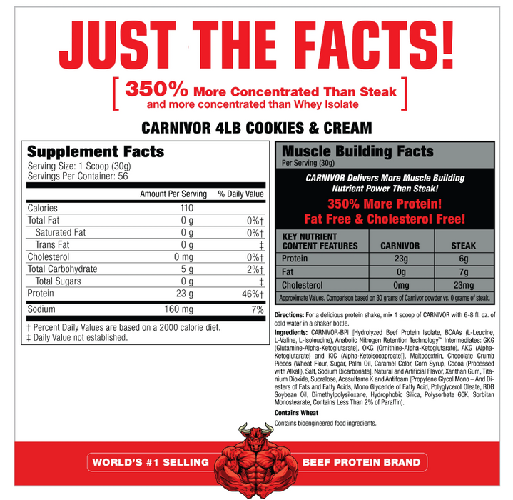 MuscleMeds Carnivor Supplement Facts & Ingredients Label | 4lb Cookies and Cream | Tigerfitness.com