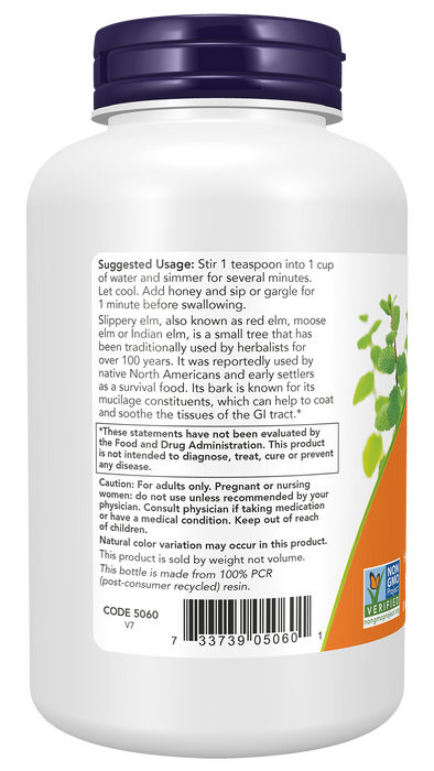 NOW Foods Slippery Elm Powder, 4 oz, left side of bottle