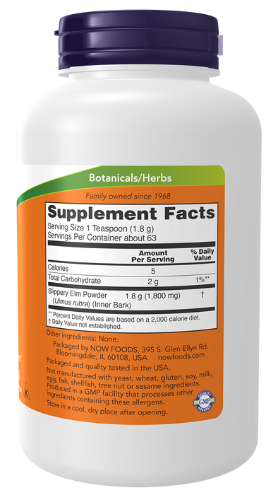 NOW Foods Slippery Elm Powder, 4 oz, right side of bottle showing supplement facts