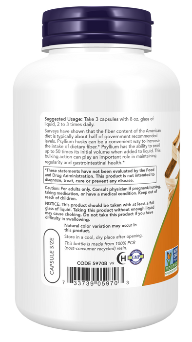 NOW Foods Psyllium Husk Caps 500 mg, 200 veg capsules, back label