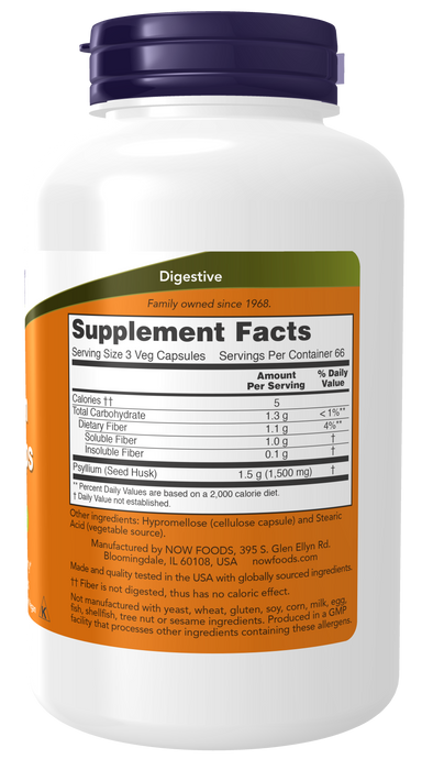 NOW Foods Psyllium Husk Caps 500 mg, 200 veg capsules, supplement facts label