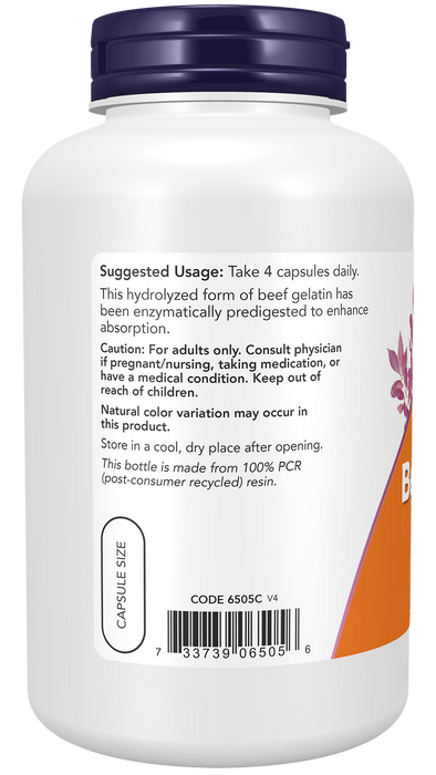 NOW Foods Beef Gelatin 550 mg, 200 Capsules, left side panel