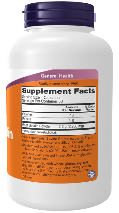 NOW Foods Beef Gelatin 550 mg, 200 Capsules, right side panel