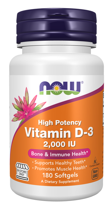 NOW Foods Vitamin D-3 2,000 IU, 180 softgels, front of bottle