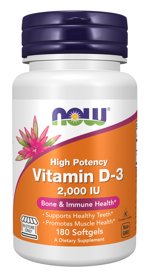 NOW Foods Vitamin D-3 2,000 IU, 180 softgels, front of bottle