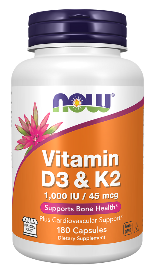 NOW Foods Vitamin D-3 & K2, 180 capsules, front of bottle