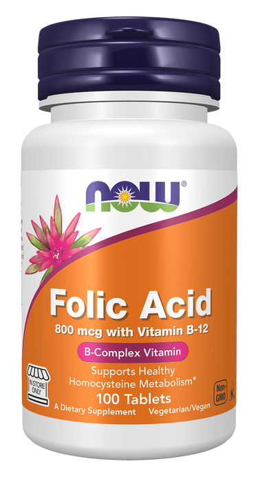 NOW Foods Folic Acid 800 mcg with Vitamin B-12, 100 tablets, front of bottle