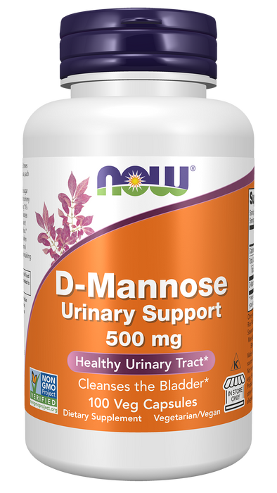 NOW Foods D-Mannose Urinary Support 500 mg, 100 veg capsules, front of bottle