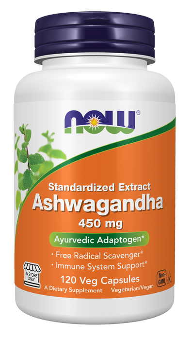 NOW Foods Ashwagandha Extract 450 mg, 120 Veg Capsules, front of bottle