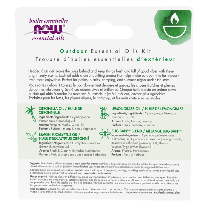 NOW Foods Peaceful Patio Essential Oils Kit, 4 x 10 mL bottles, back of packaging
