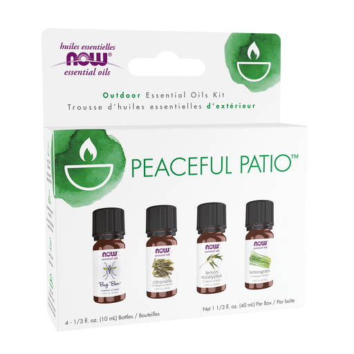 NOW Foods Peaceful Patio Essential Oils Kit, 4 x 10 mL bottles, front angle view