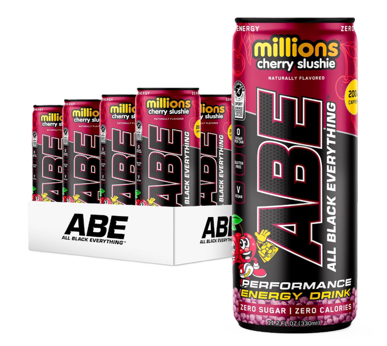 12-pack cases of ABE Nation Energy Drink RTD providing zero sugar energy, focus, and workout support with 200mg caffeine per can. Million Cherry Slushie