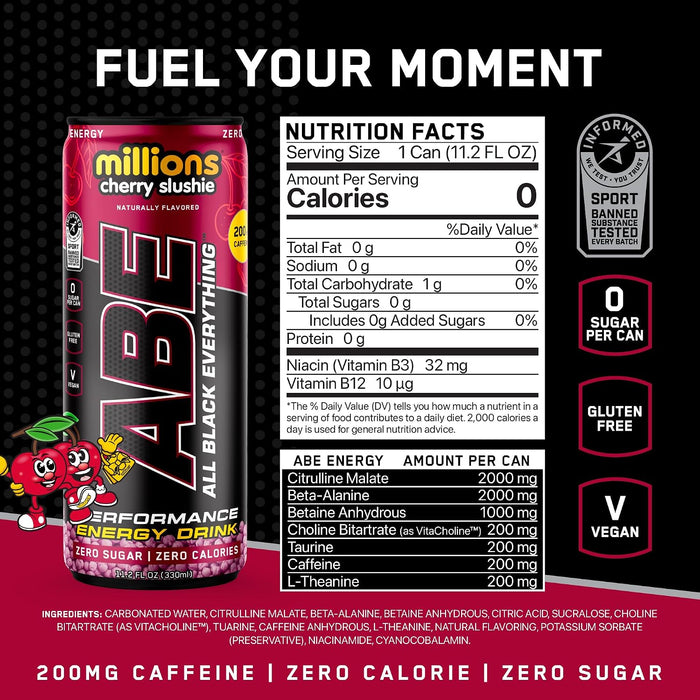 ABE Nation Energy Drink RTD supplement facts panel  Millions Cherry Slushie