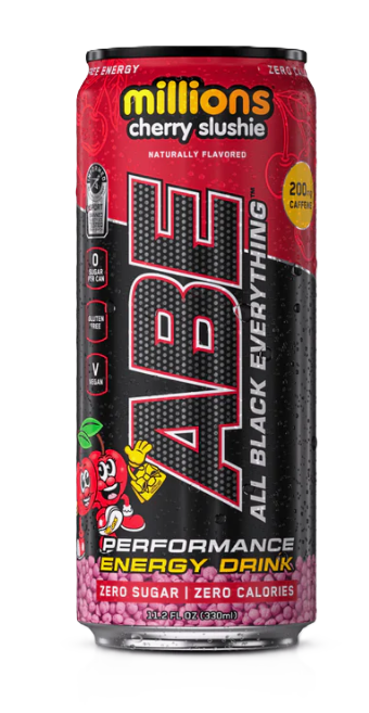 ABE Nation Energy Drink RTD single can featuring zero sugar formula with 200mg caffeine for energy, focus, and performance support. Millions Cherry Slushie