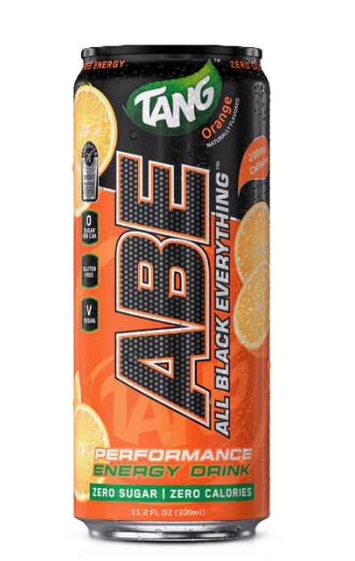 ABE Nation Energy Drink RTD single can featuring zero sugar formula with 200mg caffeine for energy, focus, and performance support. Orange Tang