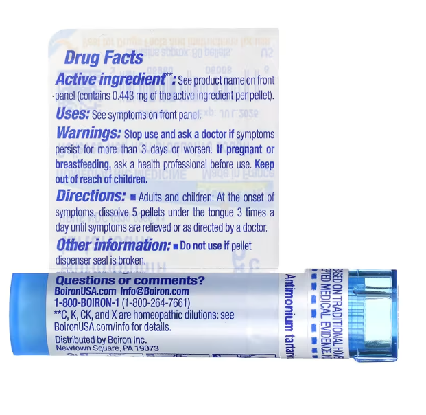 Back label of Boiron Antimonium Tartaricum 6C showing directions, ingredients, and drug facts panel