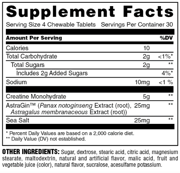 Animal Creatine Chews Smarties Edition supplement facts label showing creatine monohydrate dosage and ingredients