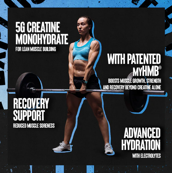 Animal Creatine HMB performance graphic showing 5g creatine monohydrate with patented myHMB for recovery support and advanced hydration