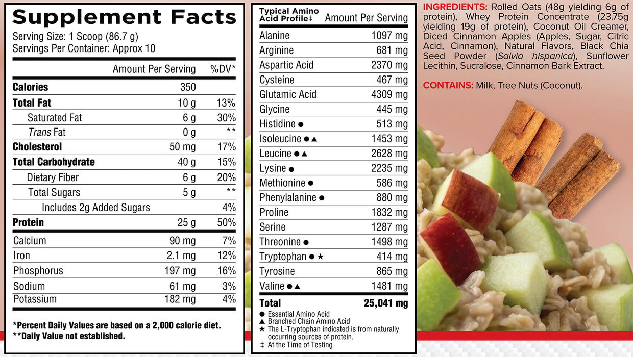 Core Oats & Whey Apple Cinnamon supplement facts panel