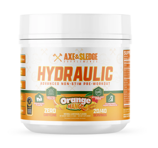 Axe and Sledge Hydraulic pump pre workout container front label 20/40 Servings Orange Mango