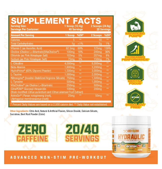 Axe and Sledge Hydraulic supplement facts nitric oxide pump formula Orange Mango