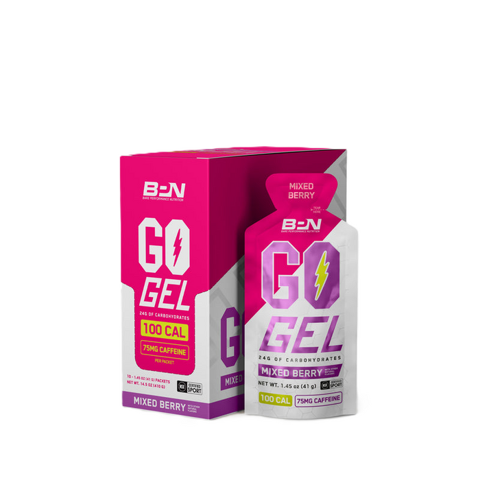 BPN Go Gels CAF Mixed Berry caffeinated endurance fuel gels, box of 10