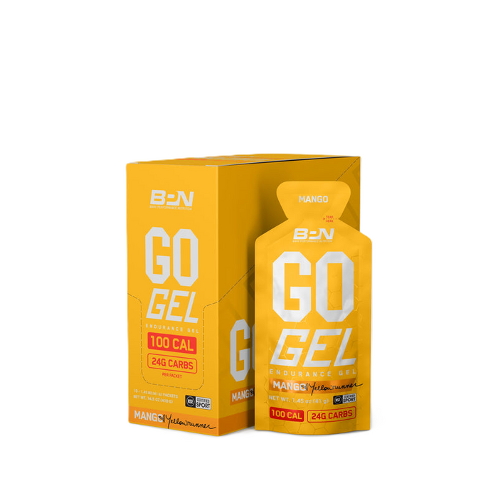 BPN Go Gels Mango endurance fuel gels, box of 10
