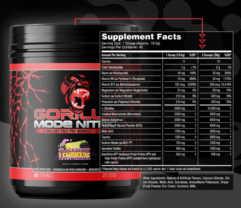 Gorilla Mind Gorilla Mode Nitric Blackberry Lemonade Supplement Facts and Ingredients Label | TigerFitness