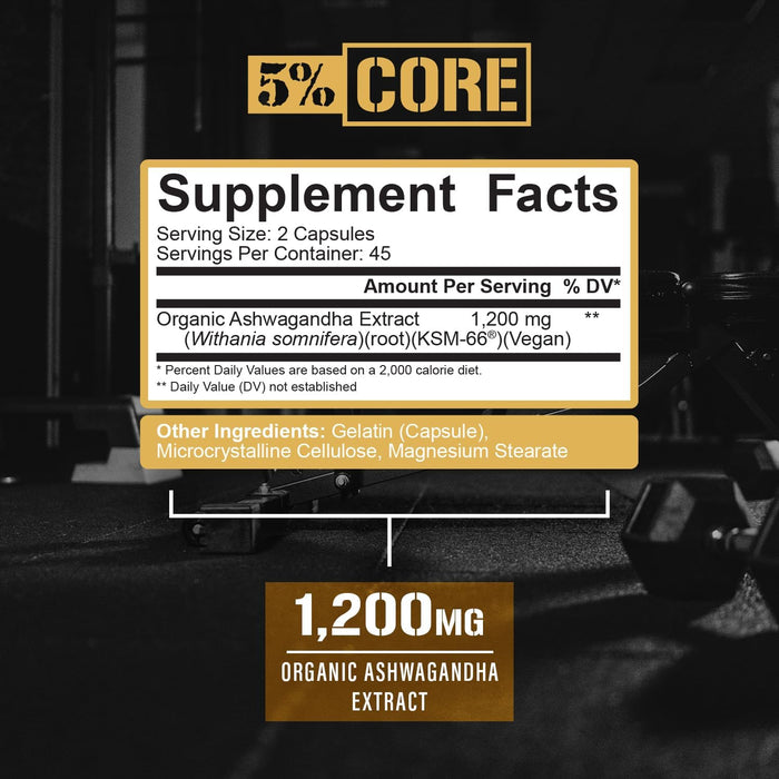 5% Nutrition KSM-66 Ashwagandha Core Series Supplement Facts 60 Capsules 