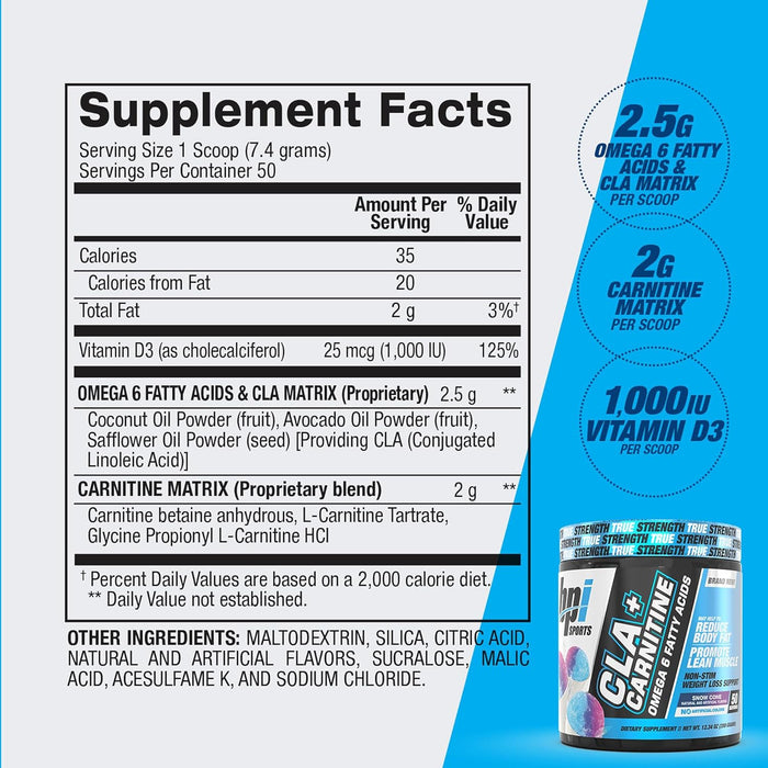 BPI Sports CLA + Carnitine Snow Cone Supplement Facts Label  Ingredients & Nutrition | TigerFitness
