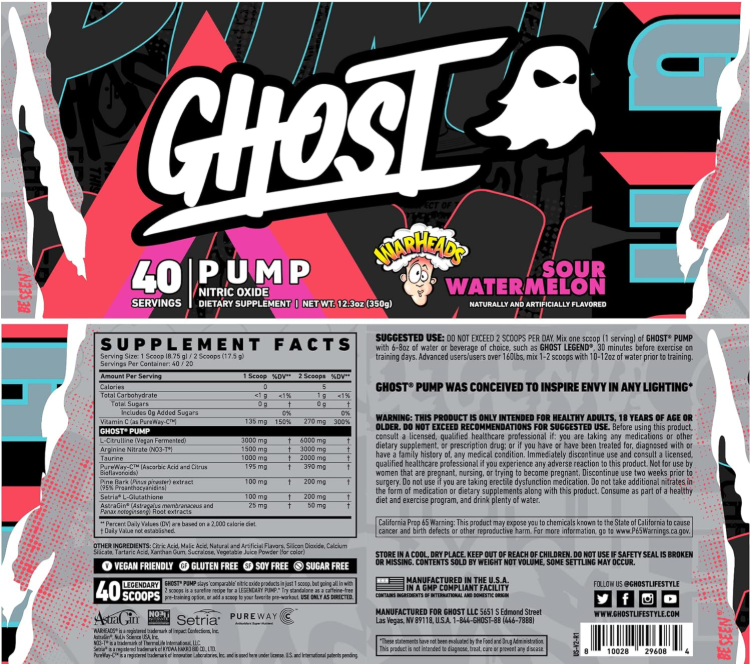 GHOST Pump V2 Warhead Sour Watermelon Supplement Facts Label – Ingredients & Nutrition | TigerFitness
