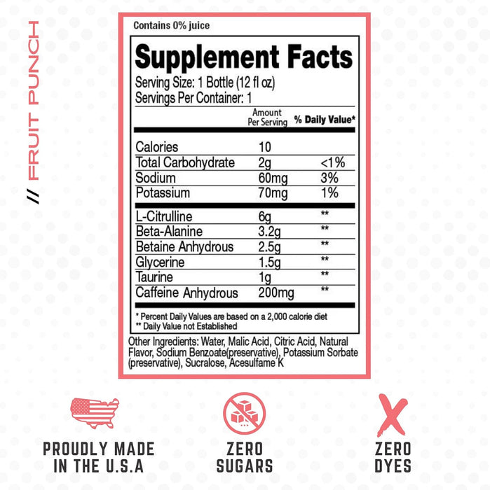 Purus Labs Noxygen RTD Fruit Punch nutrition facts and ingredient panel displaying serving information, performance ingredients, hydration support details, and beverage nutritional content.
